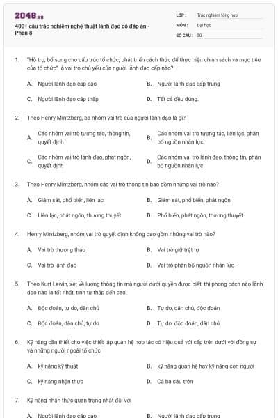 400+ câu trắc nghiệm nghệ thuật lãnh đạo có đáp án - Phần 8