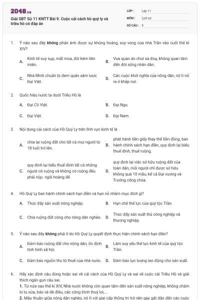 Giải SBT Sử 11 KNTT Bài 9. Cuộc cải cách hồ quý ly và triều hồ có đáp án