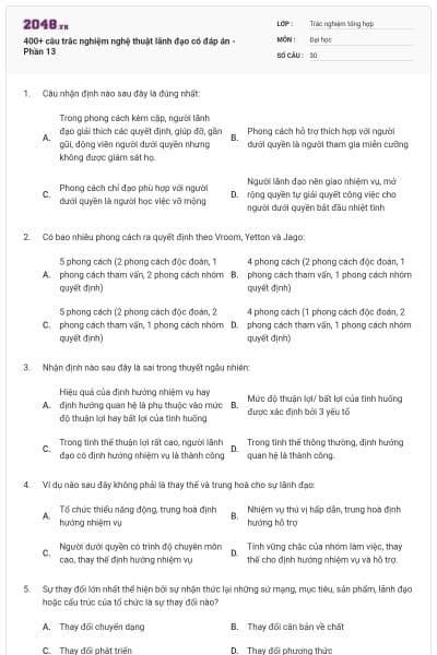 400+ câu trắc nghiệm nghệ thuật lãnh đạo có đáp án - Phần 13