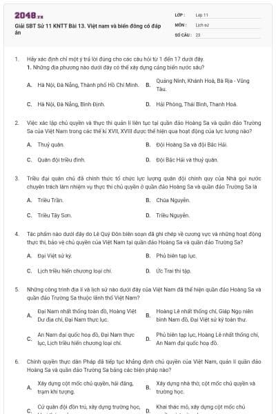 Giải SBT Sử 11 KNTT Bài 13. Việt nam và biển đông có đáp án