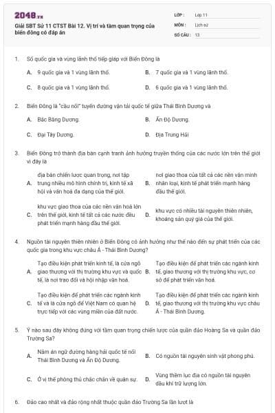 Giải SBT Sử 11 CTST Bài 12. Vị trí và tầm quan trọng của biển đông có đáp án