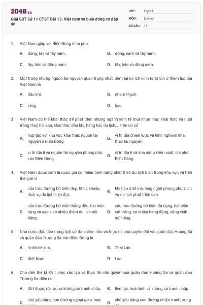 Giải SBT Sử 11 CTST Bài 13. Việt nam và biển đông có đáp án