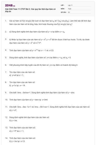 Giải SGK Toán 11 CTST Bài 2. Các quy tắc tính đạo hàm có đáp án