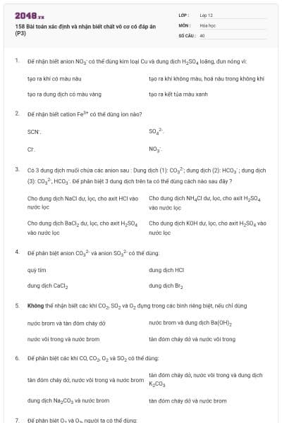 158 Bài toán xác định và nhận biết chất vô cơ có đáp án (P3)