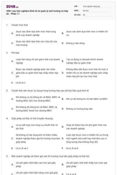 300+ câu trắc nghiệm Kinh tế và quản lý môi trường có đáp án - Phần 11