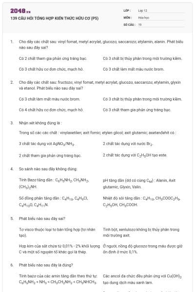 139 CÂU HỎI TỔNG HỢP KIẾN THỨC HỮU CƠ (P5)