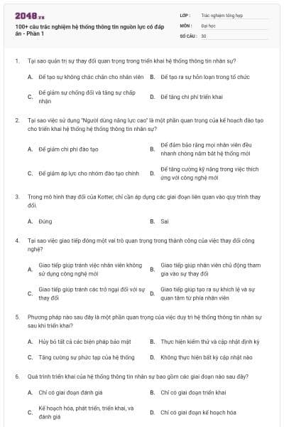 100+ câu trắc nghiệm hệ thống thông tin nguồn lực có đáp án - Phần 1