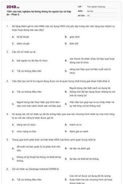 100+ câu trắc nghiệm hệ thống thông tin nguồn lực có đáp án - Phần 3