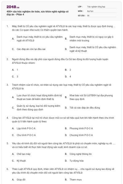 400+ câu trắc nghiệm An toàn, sức khỏe nghề nghiệp có đáp án - Phần 4