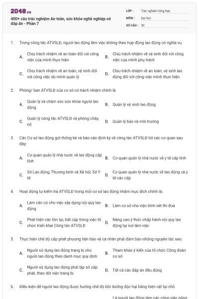 400+ câu trắc nghiệm An toàn, sức khỏe nghề nghiệp có đáp án - Phần 7