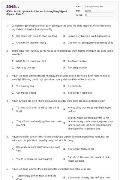 400+ câu trắc nghiệm An toàn, sức khỏe nghề nghiệp có đáp án - Phần 9