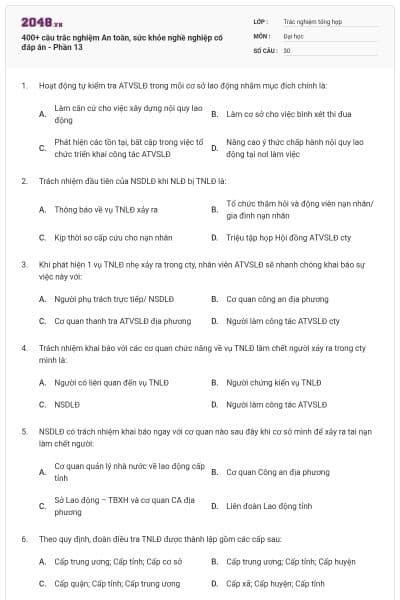 400+ câu trắc nghiệm An toàn, sức khỏe nghề nghiệp có đáp án - Phần 13