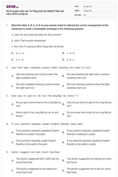 Đề thi tuyển sinh vào 10 Tiếng Anh Sở GD&ĐT Đắk Lắk năm 2025 có đáp án