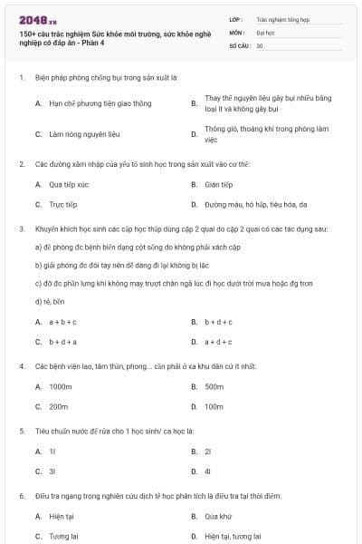 150+ câu trắc nghiệm Sức khỏe môi trường, sức khỏe nghề nghiệp có đáp án - Phần 4