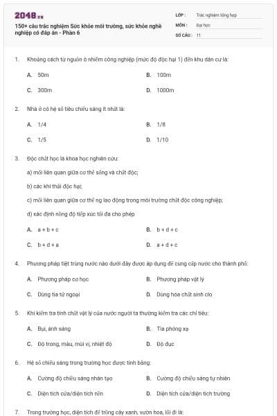 150+ câu trắc nghiệm Sức khỏe môi trường, sức khỏe nghề nghiệp có đáp án - Phần 6