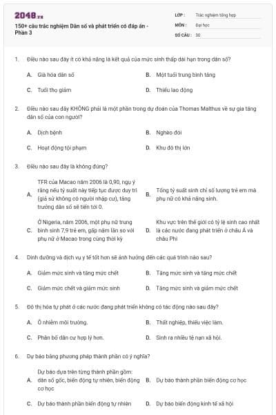 150+ câu trắc nghiệm Dân số và phát triển có đáp án - Phần 3