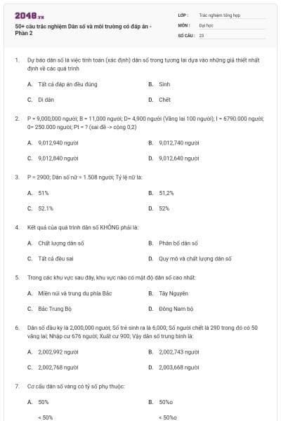 50+ câu trắc nghiệm Dân số và môi trường có đáp án - Phần 2