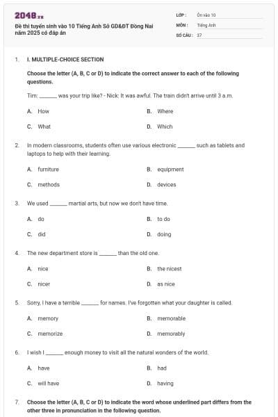 Đề thi tuyển sinh vào 10 Tiếng Anh Sở GD&ĐT Đồng Nai năm 2025 có đáp án