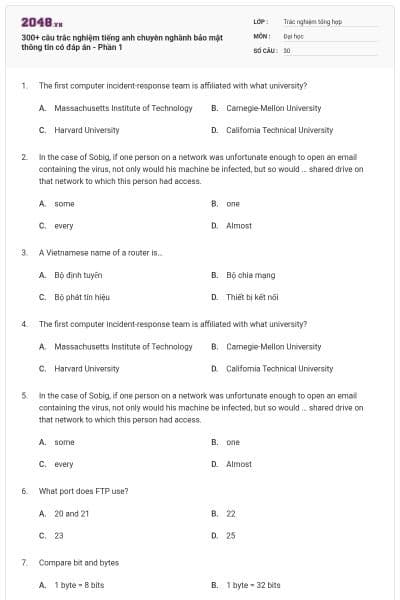 300+ câu trắc nghiệm tiếng anh chuyên nghành bảo mật thông tin có đáp án - Phần 1