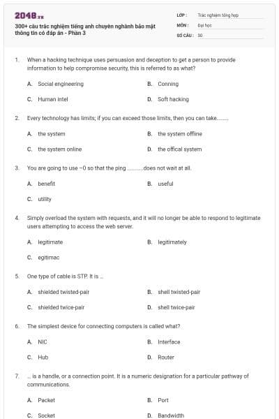 300+ câu trắc nghiệm tiếng anh chuyên nghành bảo mật thông tin có đáp án - Phần 3