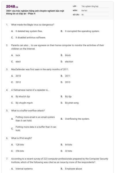 300+ câu trắc nghiệm tiếng anh chuyên nghành bảo mật thông tin có đáp án - Phần 4