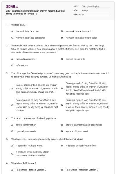 300+ câu trắc nghiệm tiếng anh chuyên nghành bảo mật thông tin có đáp án - Phần 10