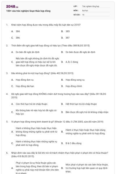 100+ câu trắc nghiệm Soạn thảo hợp đồng