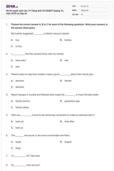 Đề thi tuyển sinh vào 10 Tiếng Anh Sở GD&ĐT Quảng Trị năm 2025 có đáp án
