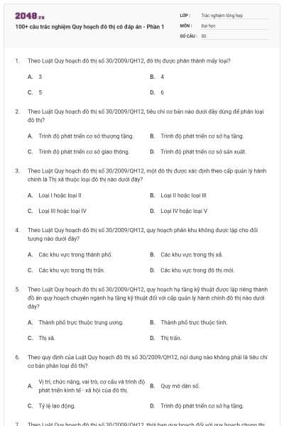 100+ câu trắc nghiệm Quy hoạch đô thị có đáp án - Phần 1