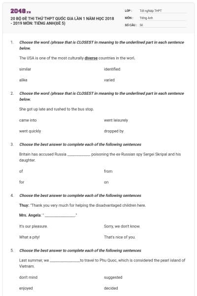 20 BỘ ĐỀ THI THỬ THPT QUỐC GIA LẦN 1 NĂM HỌC 2018 - 2019 MÔN: TIẾNG ANH(ĐỀ 5)