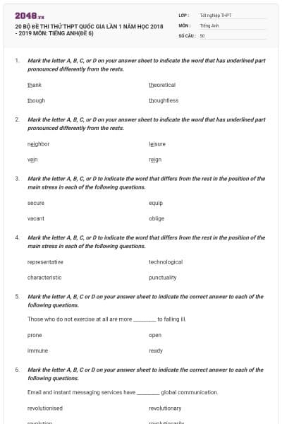 20 BỘ ĐỀ THI THỬ THPT QUỐC GIA LẦN 1 NĂM HỌC 2018 - 2019 MÔN: TIẾNG ANH(ĐỀ 6)
