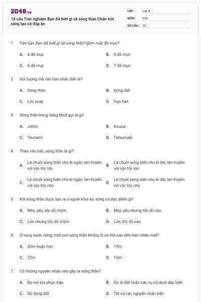 10 câu Trắc nghiệm Bạn đã biết gì về sóng thần Chân trời sáng tạo có đáp án
