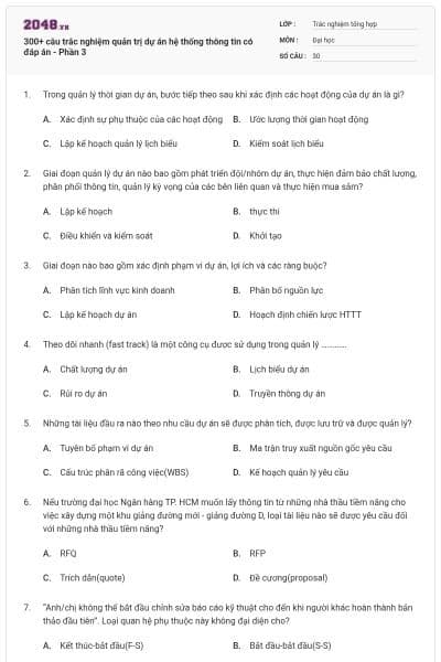 300+ câu trắc nghiệm quản trị dự án hệ thống thông tin có đáp án - Phần 3