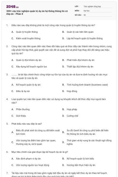 300+ câu trắc nghiệm quản trị dự án hệ thống thông tin có đáp án - Phần 8
