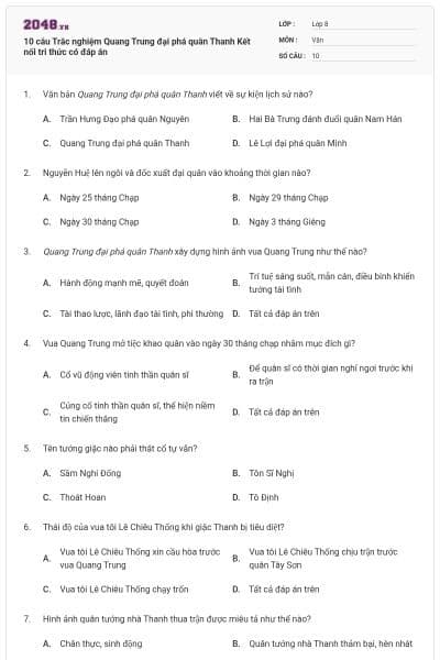 10 câu Trắc nghiệm Quang Trung đại phá quân Thanh Kết nối tri thức có đáp án