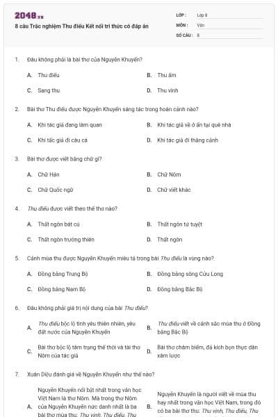 8 câu Trắc nghiệm Thu điếu Kết nối tri thức có đáp án