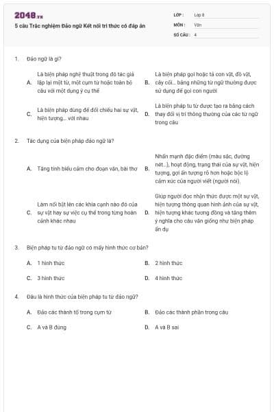 5 câu Trắc nghiệm Đảo ngữ Kết nối tri thức có đáp án