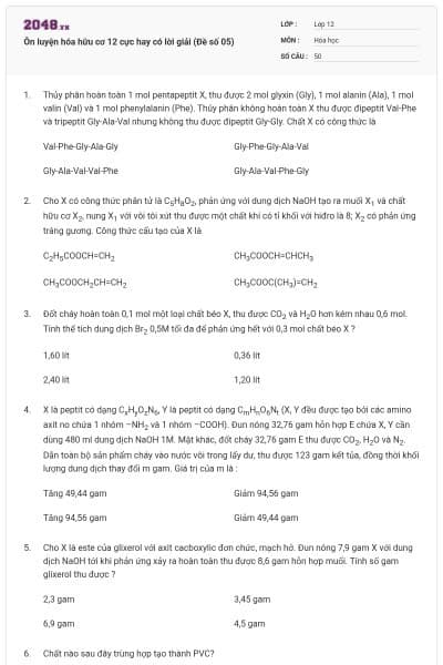 Ôn luyện hóa hữu cơ 12 cực hay có lời giải (Đề số 05)