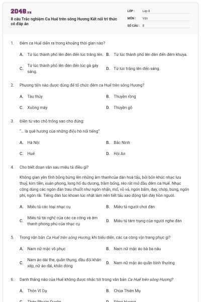 8 câu Trắc nghiệm Ca Huế trên sông Hương Kết nối tri thức có đáp án