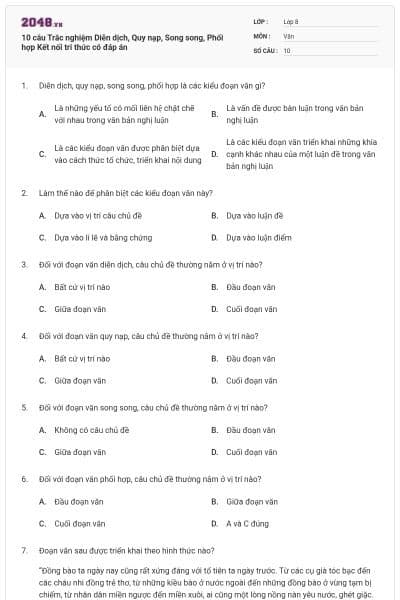 10 câu Trắc nghiệm Diễn dịch, Quy nạp, Song song, Phối hợp Kết nối tri thức có đáp án