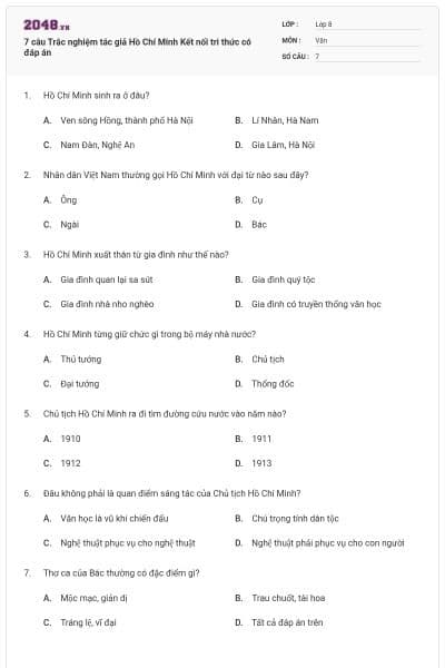 7 câu Trắc nghiệm tác giả Hồ Chí Minh Kết nối tri thức có đáp án