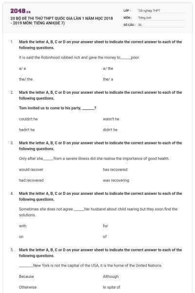 20 BỘ ĐỀ THI THỬ THPT QUỐC GIA LẦN 1 NĂM HỌC 2018 - 2019 MÔN: TIẾNG ANH(ĐỀ 7)