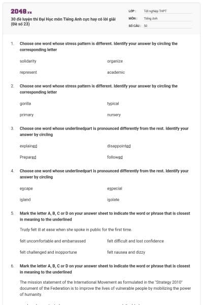 30 đề luyện thi Đại Học môn Tiếng Anh cực hay có lời giải (Đề số 23)