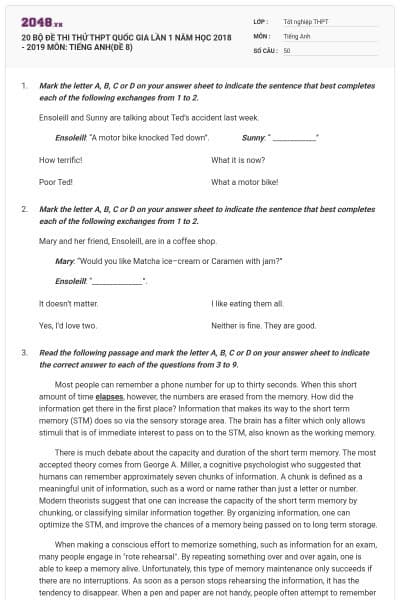 20 BỘ ĐỀ THI THỬ THPT QUỐC GIA LẦN 1 NĂM HỌC 2018 - 2019 MÔN: TIẾNG ANH(ĐỀ 8)
