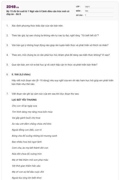 Bộ 15 đề thi cuối kì 1 Ngữ văn 6 Cánh diều cấu trúc mới có đáp án - Đề 8