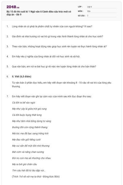 Bộ 15 đề thi cuối kì 1 Ngữ văn 6 Cánh diều cấu trúc mới có đáp án - Đề 9