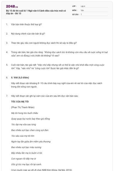 Bộ 15 đề thi cuối kì 1 Ngữ văn 6 Cánh diều cấu trúc mới có đáp án - Đề 10