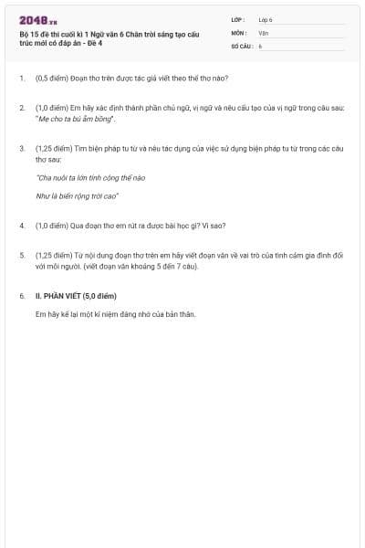 Bộ 15 đề thi cuối kì 1 Ngữ văn 6 Chân trời sáng tạo cấu trúc mới có đáp án - Đề 4