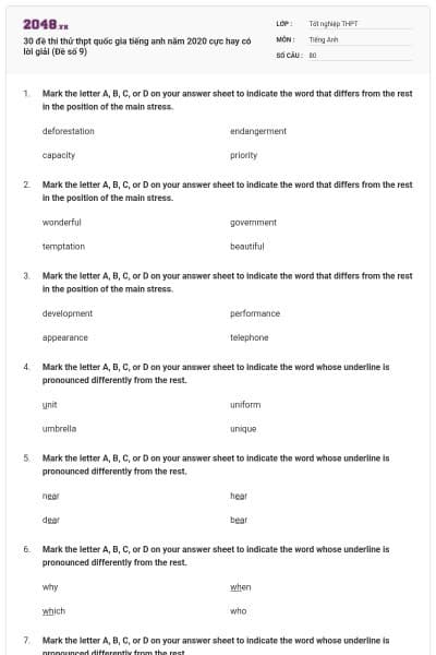 30 đề thi thử thpt quốc gia tiếng anh năm 2020 cực hay có lời giải (Đề số 9)