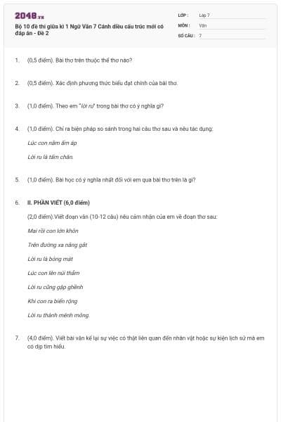 Bộ 10 đề thi giữa kì 1 Ngữ Văn 7 Cánh diều cấu trúc mới có đáp án - Đề 2
